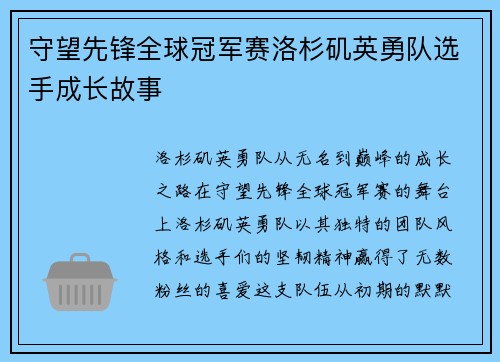 守望先锋全球冠军赛洛杉矶英勇队选手成长故事
