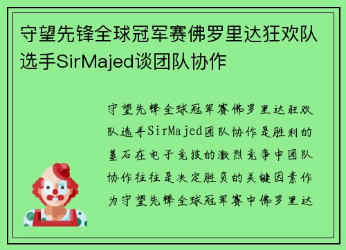 守望先锋全球冠军赛佛罗里达狂欢队选手SirMajed谈团队协作
